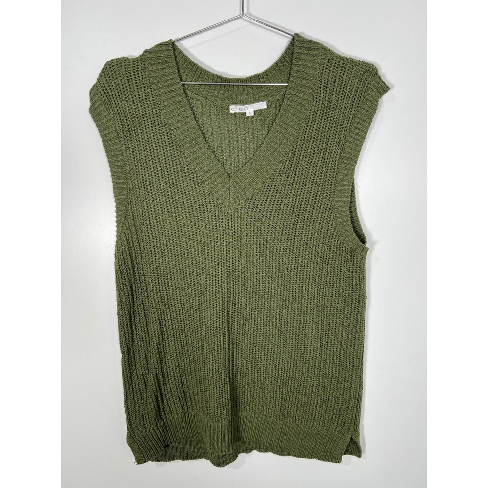 Cleo Olive Green Solid Open Knit V-Neck Sweater Vest Preppy Layering Fall Large
